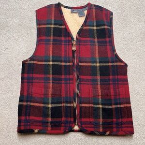 VTG 90s LIZ WEAR Plaid Wool VEST Women’s Small Red Mohair RANCHER Sherpa Lined